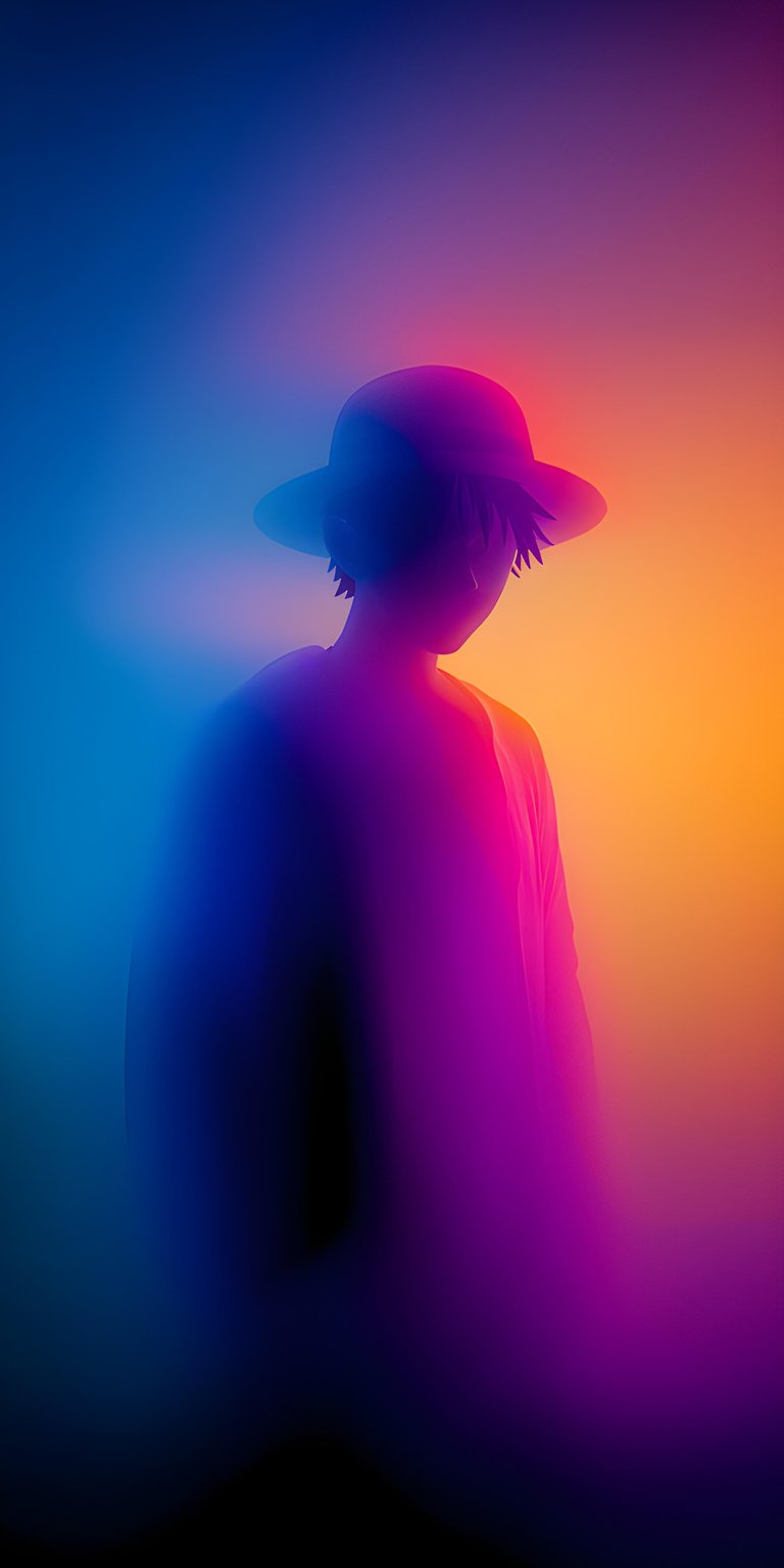 Download this Lucci 4K wallpaper for your iPhone, featuring a person wearing a hat. This vibrant wallpaper includes a spectrum of colors, from blues to oranges, and highlights a white overcoat.