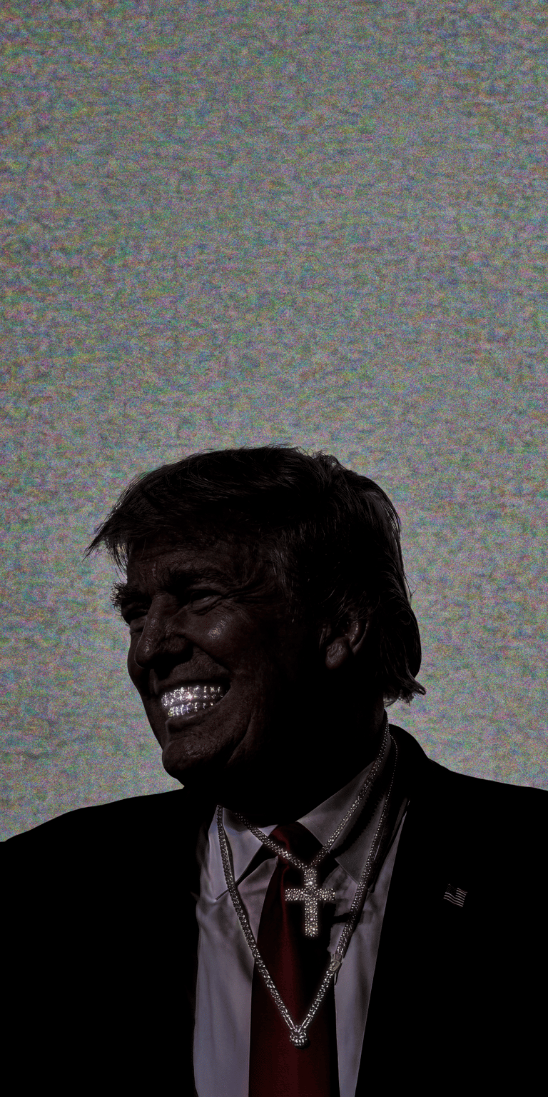 This high-resolution 4K wallpaper features a dramatic, dark-aesthetic reimagining of Donald Trump in a "streetwear mogul" style. The side profile captures a grin accentuated by high-contrast lighting, highlighting heavy diamond-encrusted cuban links and a prominent iced-out cross pendant. The background features a unique digital static grain and lo-fi texture, giving it a gritty, modern rap-inspired aesthetic. This artistic edit is designed specifically for high-end mobile displays, blending political celebrity culture with luxury streetwear vibes.