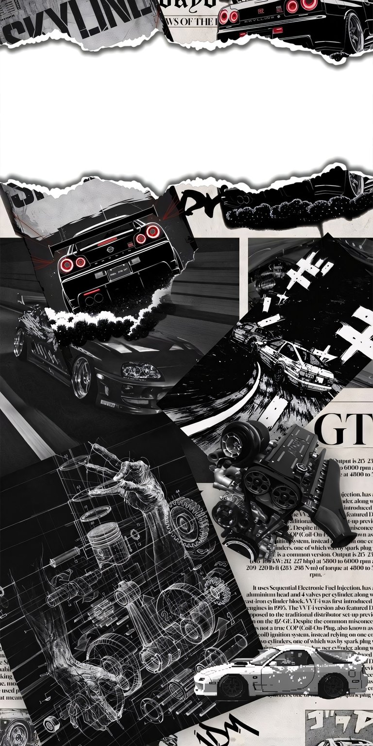 This striking JDM cars 4K wallpaper features a collage of high-performance vehicles, with blueprint-style schematics and dynamic racing scenes, perfect for your iPhone. The wallpaper showcases detailed engine components and newspaper-style backgrounds, creating a unique and visually appealing design.