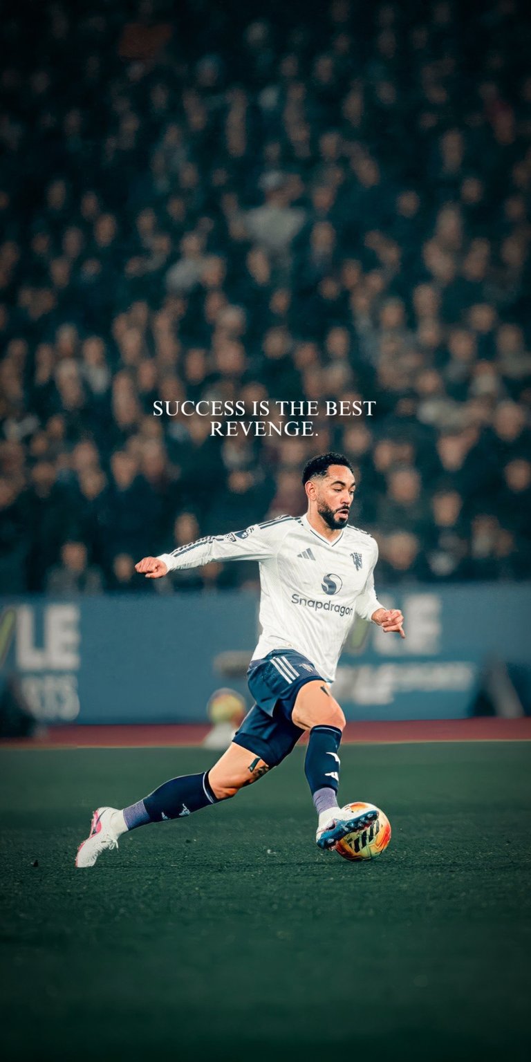 This Matheus Cunha Wolves soccer wallpaper brings a professional and cinematic feel to your iPhone. The aesthetic wallpapers design features a high-contrast shot of the athlete in action against a blurred stadium crowd with motivational text.