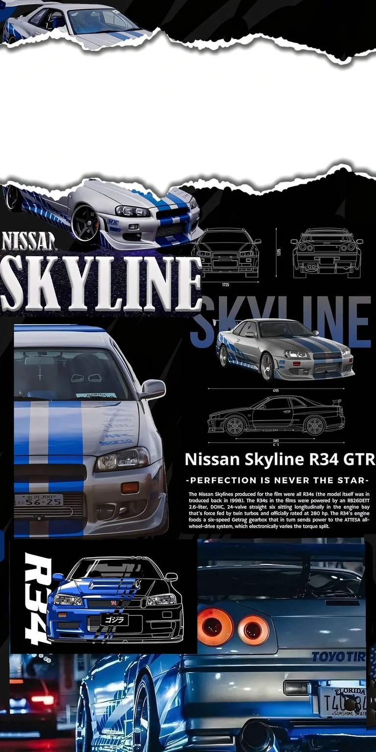 Download this striking Nissan Skyline R34 GTR 4K wallpaper for your iPhone, showcasing the vehicle's blue racing stripes, visible exhaust pipes and eye-catching taillights. This wallpaper is sure to make your device stand out.