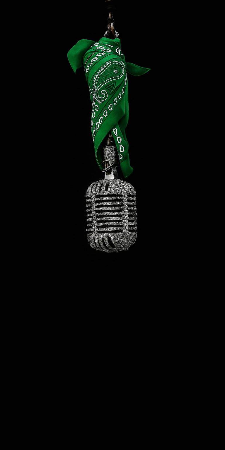 Vintage microphone wallpaper designed as OLED / AMOLED wallpapers for iPhone, featuring a suspended mic wrapped in a green bandana against deep black space. This wallpaper delivers strong contrast, dramatic lighting, and focused depth for a bold wallpaper look.