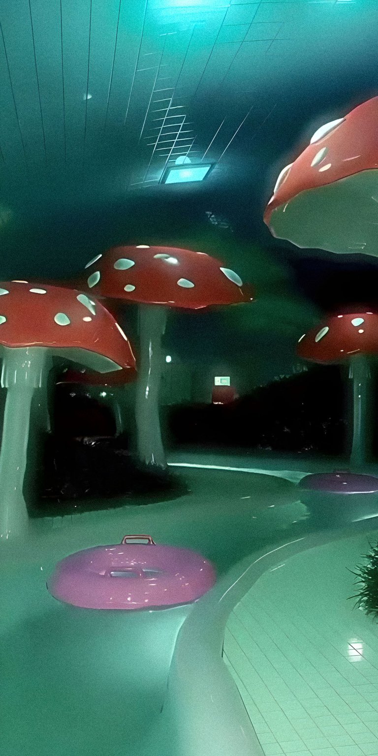 Download this Mushroom Pool 4K wallpaper for your iPhone, showcasing the oversized mushroom decorations and a vibrant pink inner tube floating on the water. This eerie wallpaper captures the unique and otherworldly atmosphere of the indoor water park.