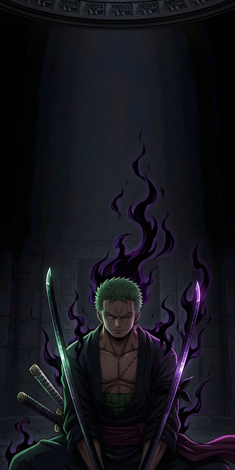Download this Zoro 4K wallpaper for your iPhone, showcasing the swordsman surrounded by dark, smoky tendrils. This wallpaper features his signature green hair and menacing glare.