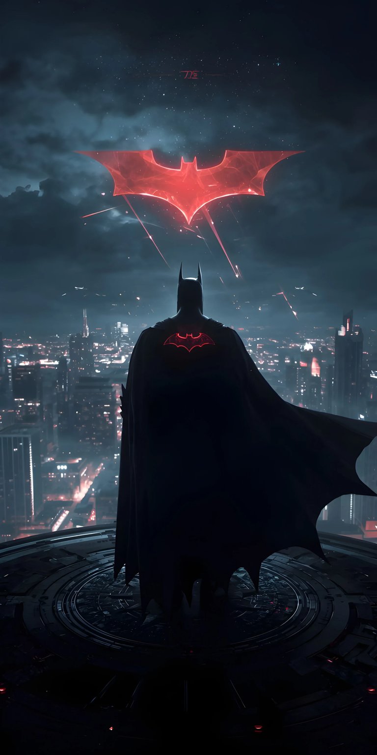 Get this stunning Batman wallpaper for your iPhone, showcasing the hero overlooking a dark city with a red bat symbol glowing against a cloudy sky in 4K. This wallpaper captures the essence of the Dark Knight with its detailed cityscape, towering buildings, and ominous atmosphere.