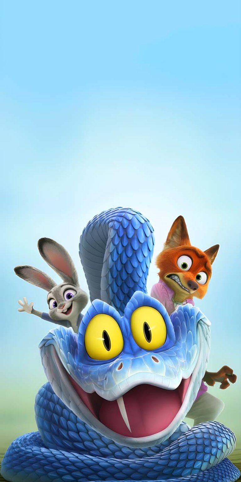 Download this Zootopia 4K wallpaper for your iPhone, showcasing the gang riding a large blue snake. This animated wallpaper features Judy Hopps, Nick Wilde, and a snake with prominent yellow eyes.