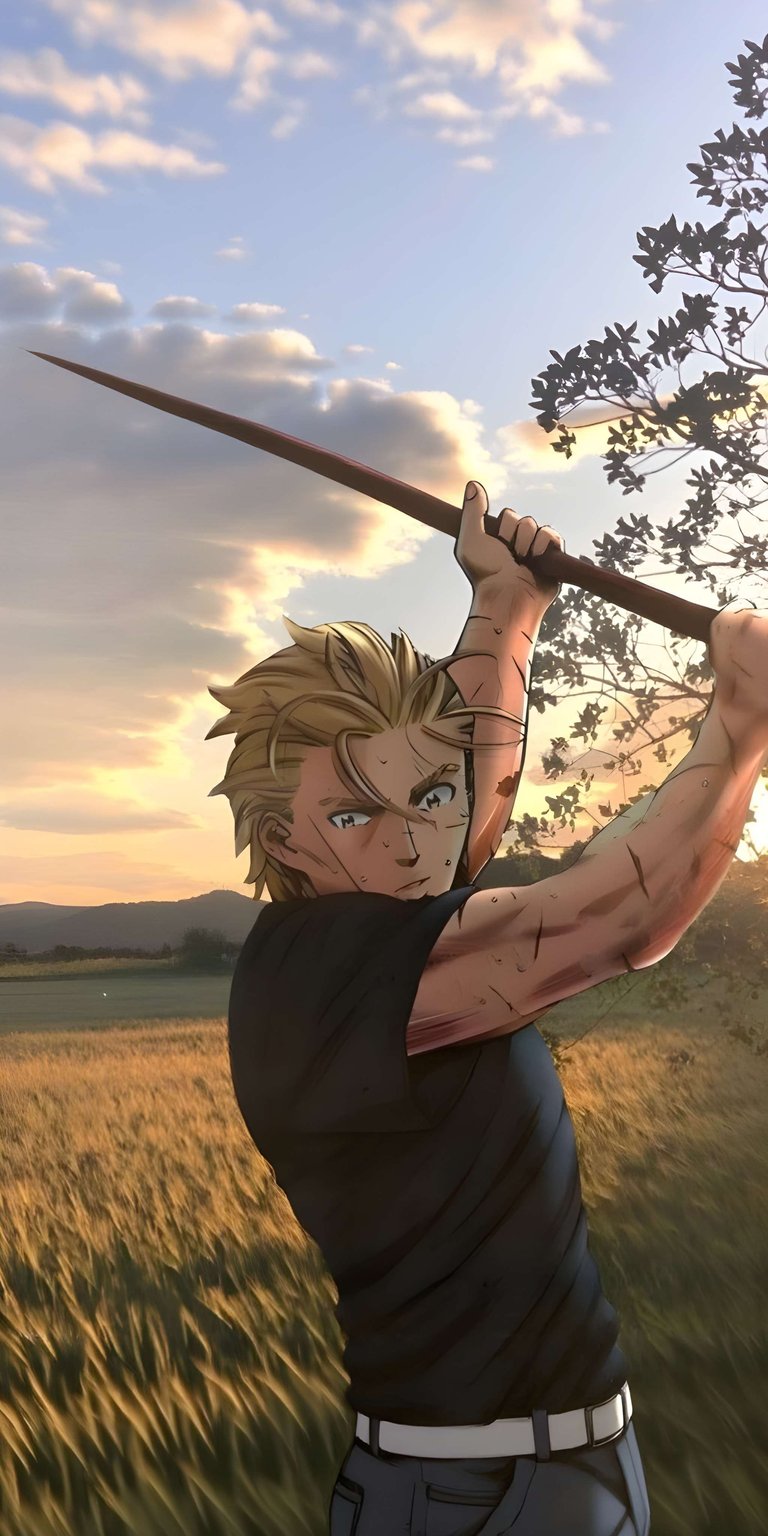 Download this striking Thorfinn wallpaper in 4K, perfect for your iPhone. The detailed artwork features Thorfinn with a spear against a golden field and a tree silhouetted by the sunset.