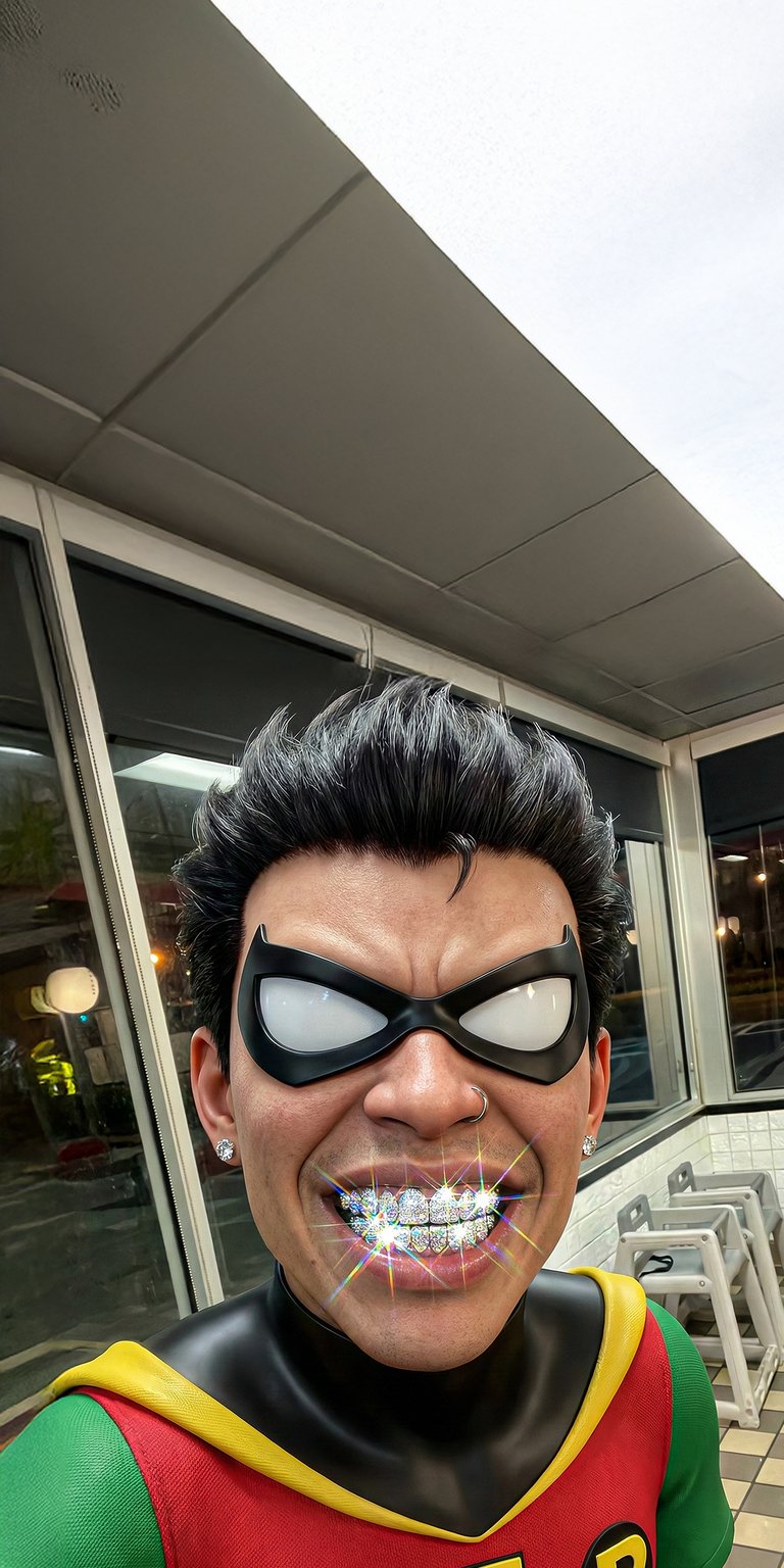 Elevate your iPhone with this stunning Robin 3D render 4K aesthetic wallpaper featuring a bold, street-style take on the classic hero. This high-detail wallpaper showcases sparkling diamond grills and vibrant red and green textures with realistic lighting for a unique lock screen look.