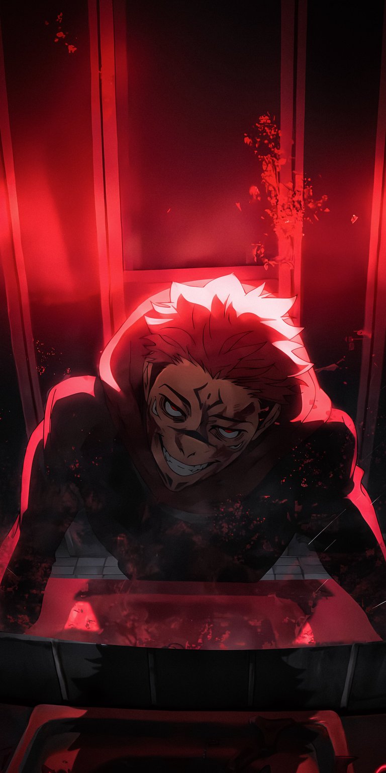 This striking 4K wallpaper features Ryomen Sukuna looming in a dark, red-lit environment that captures his intimidating presence. Elevate your iPhone screen with this high-resolution wallpaper showcasing intense crimson lighting and the King of Curses.