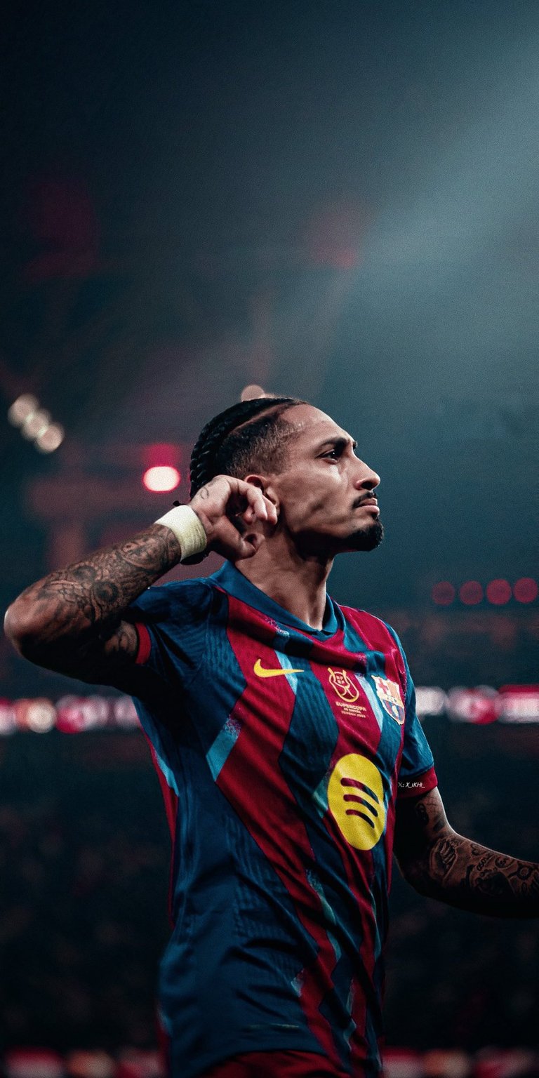 Get this stunning Raphinha wallpaper for your iPhone in 4K resolution! Featuring his arm tattoos, blue and red Barcelona kit, this wallpaper is a must-have.