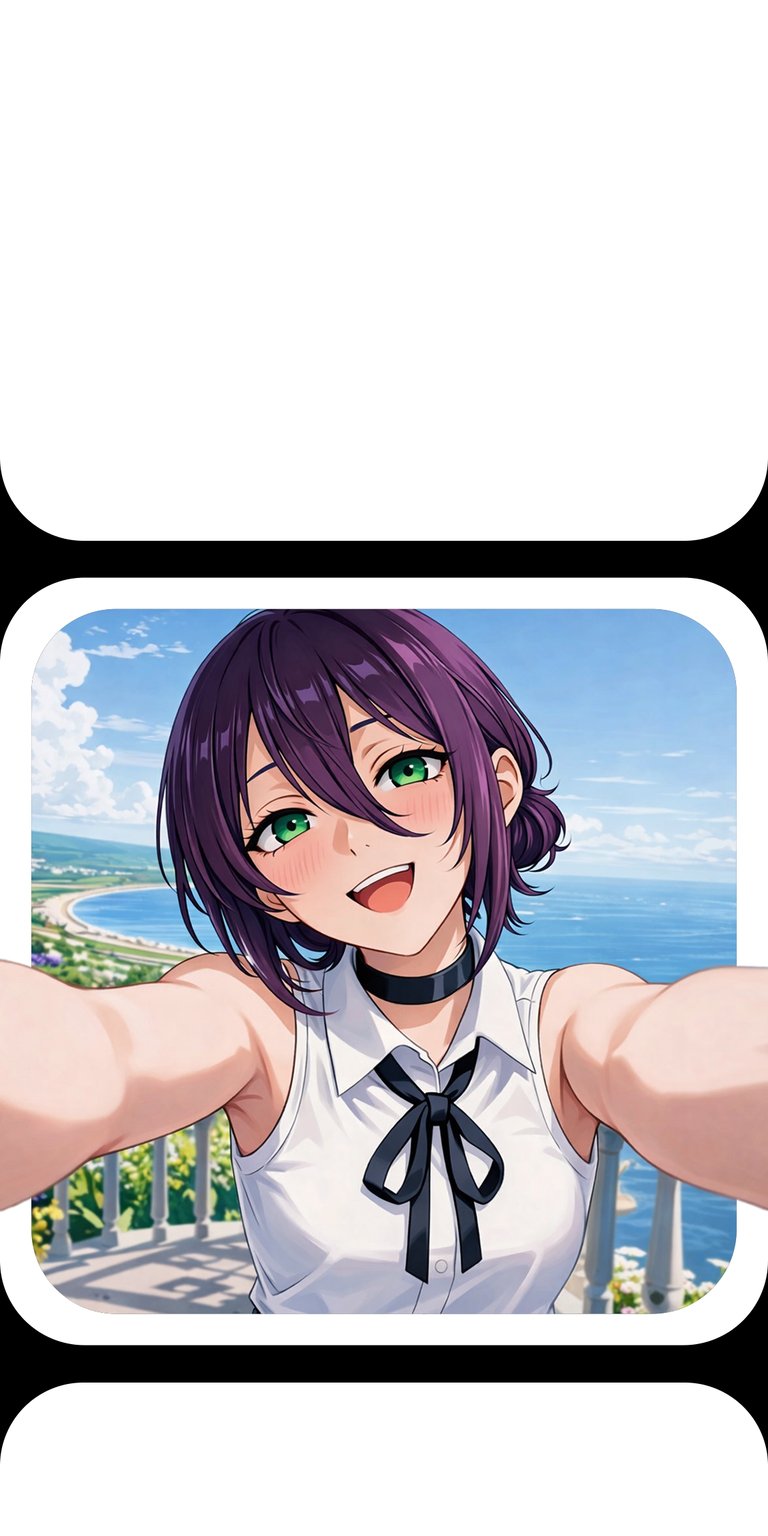 This high-quality 4K static wallpaper features Reze from Chainsaw Man in a vibrant, sun-drenched coastal setting. The aesthetic wallpapers design captures a cheerful mood on an iPhone, highlighted by her purple hair, bright green eyes, and a soft blue ocean background.