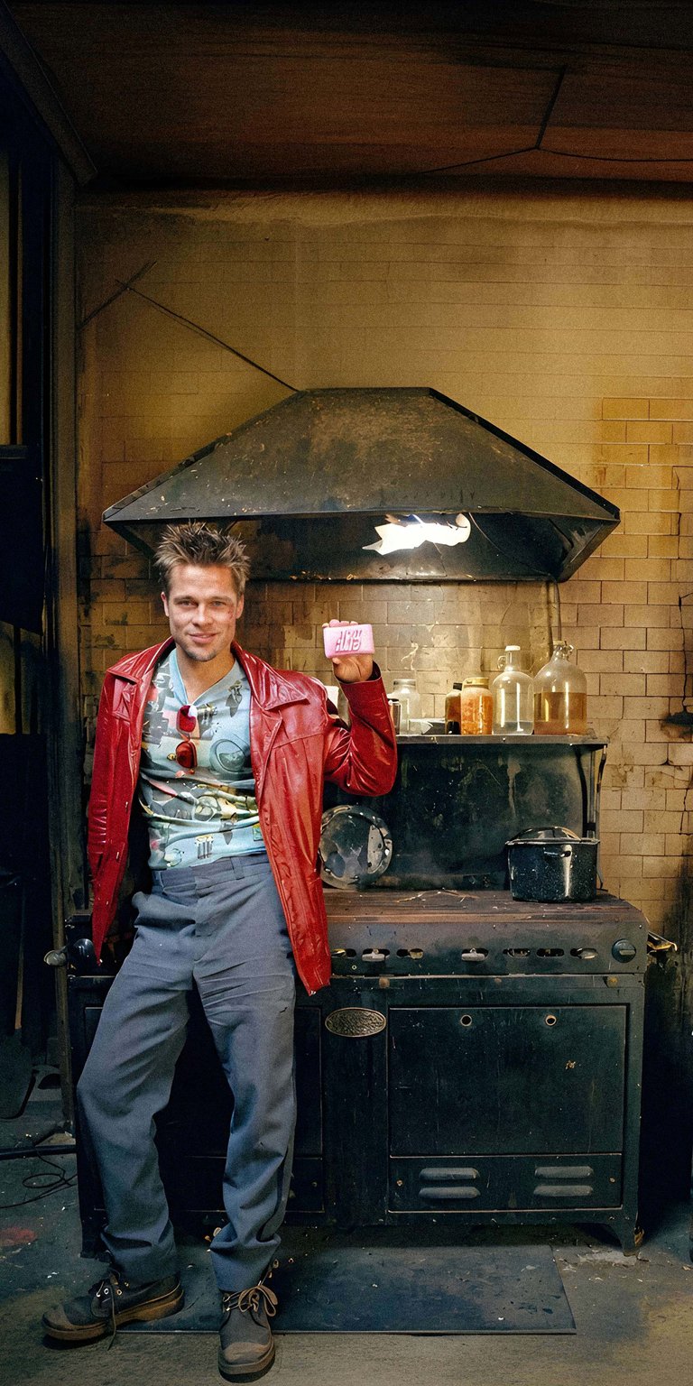 Download this Tyler Durden wallpaper in stunning 4K for your iPhone, showcasing the character in his iconic red leather jacket. This wallpaper captures the grungy essence with a vintage stove, various glass bottles, and Tyler holding a bar of pink soap.