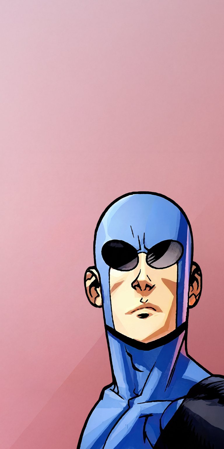 Invincible blue suit wallpaper presented as an aesthetic wallpapers style wallpaper for iPhone, focused on a clean illustrated character portrait. This wallpaper features cool blue tones, flat comic lighting, and a calm yet determined mood with clear depth.