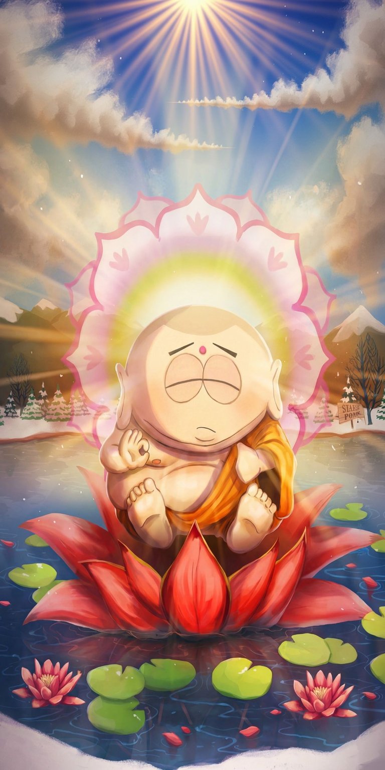 Get enlightened with this 4K Buddha Cartman wallpaper, perfect for your iPhone. Witness Cartman meditating on a lotus flower beneath a radiant sun and pastel skies, all reflected beautifully on the water's surface – an incredible wallpaper!