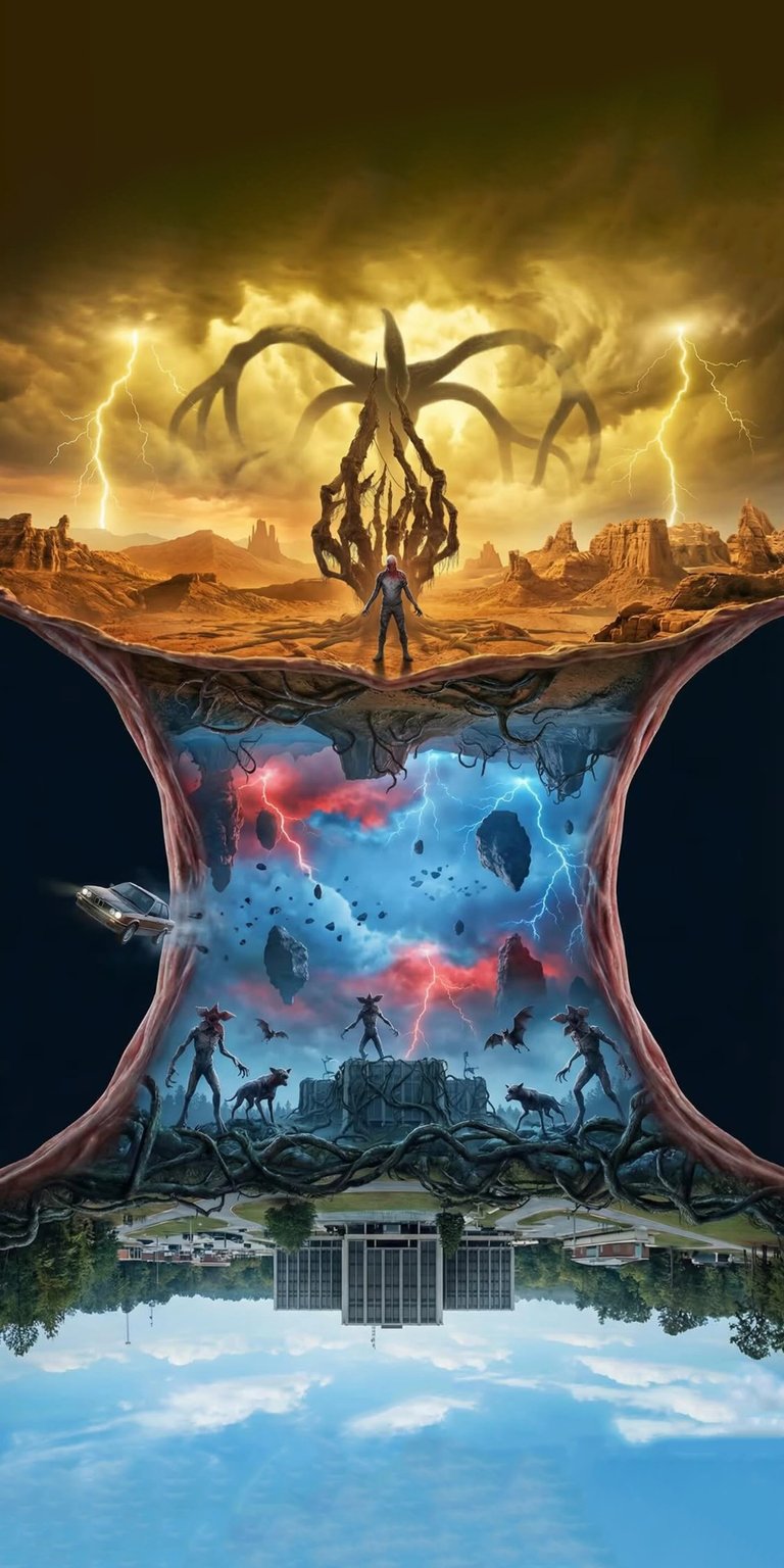 Download this striking Stranger Things wallpaper in 4K for your iPhone, featuring a massive Mind Flayer amidst lightning and a portal revealing Demogorgons. The intense visual details and surreal composition make this Stranger Things wallpaper perfect for any fan.