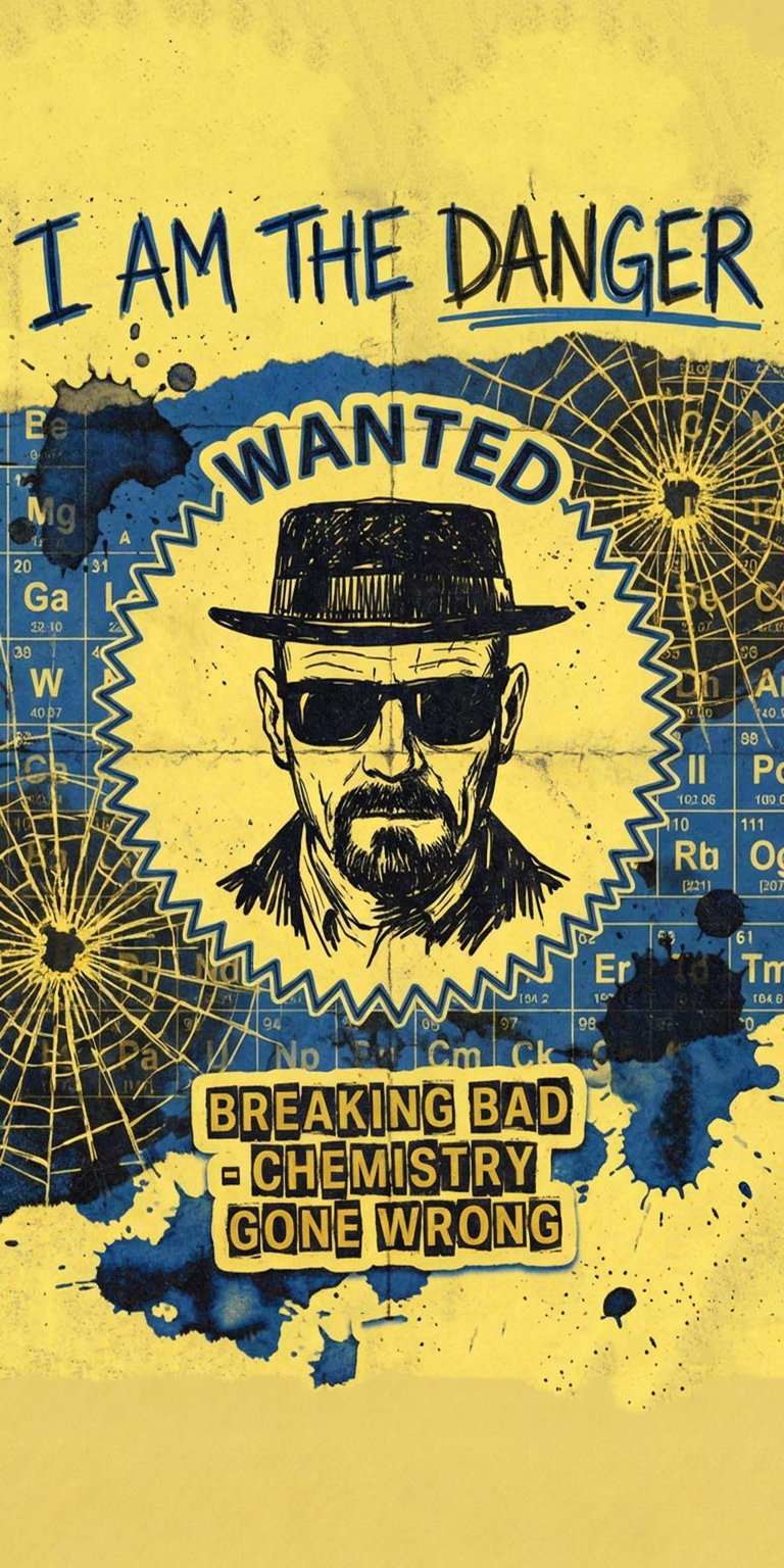 A gritty, high-contrast yellow and blue 4K wallpaper inspired by the critically acclaimed TV series Breaking Bad. This design centers on Walter White, the ruthless anti-hero known as Heisenberg, framed in a "WANTED" poster aesthetic with a chemical element periodic table background. The bold text "I AM THE DANGER" and "BREAKING BAD - CHEMISTRY GONE WRONG" highlights his transformation. A must-have for fans of the iconic character and the dark, compelling narrative of the AMC show.