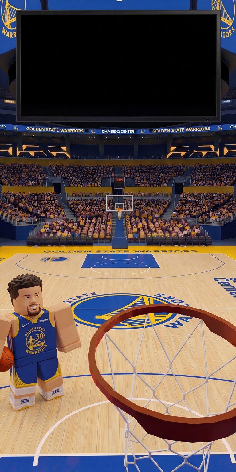 Download this Stephen Curry 4K wallpaper for your iPhone, showcasing a Lego-style version of the basketball star on the Golden State Warriors court. The wallpaper highlights the packed Chase Center stadium and Curry in his number 30 jersey.