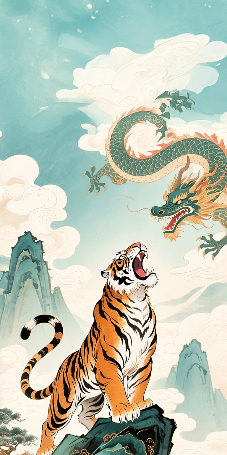 Tiger and a dragon art wallpapers iPhone 4K