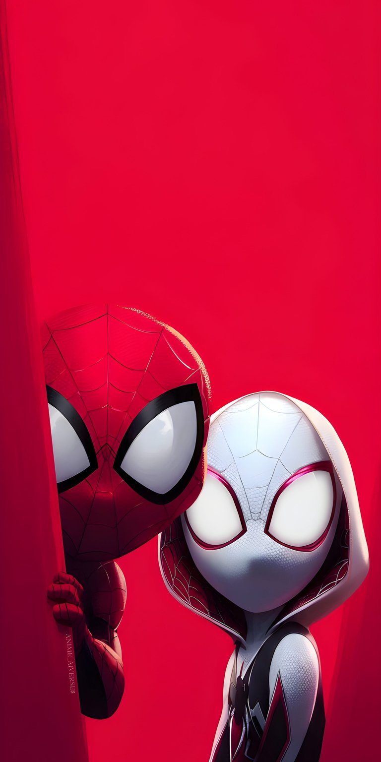 Spider-Man Gwen static wallpaper featuring two spider heroes against a bold red background with clean comic-style details and sharp mask design. This aesthetic wallpaper makes your iPhone lock screen and home screen stand out with vibrant contrast and character focus.