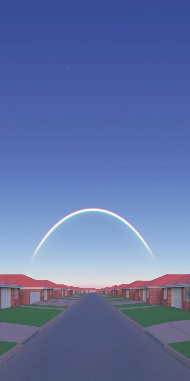 Download this surreal Rainbow Houses 4K wallpaper for your iPhone. This vibrant wallpaper features rows of identical houses with red roofs and a single rainbow stretching over the neighborhood under a blue sky.