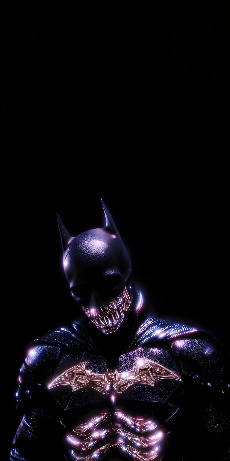 Download this Batman wallpaper in 4K for your iPhone, showcasing a version of the dark knight with metallic teeth and glowing purple accents. The unique design features a textured suit and a distinct Bat-symbol.