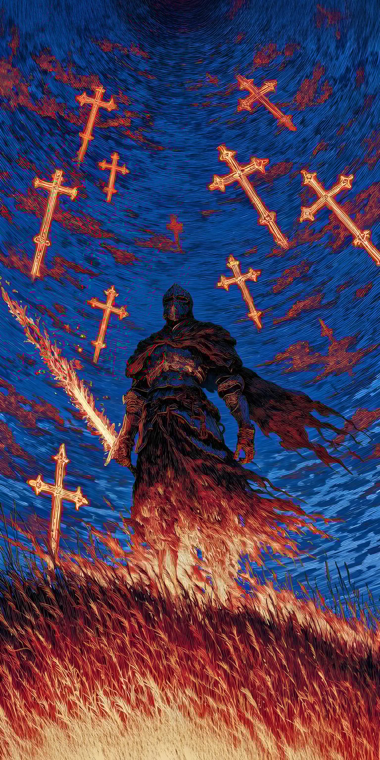 This wallpaper captures a Tarnished warrior under the mystical blue hues of Liurnia. Surrounded by falling spectral crosses that mimic the glintstone magic of Raya Lucaria, the knight stands ready with a blade glowing from fire grease. The contrast between the cool blue sky and the warm orange embers creates a perfect "Souls-like" atmosphere.