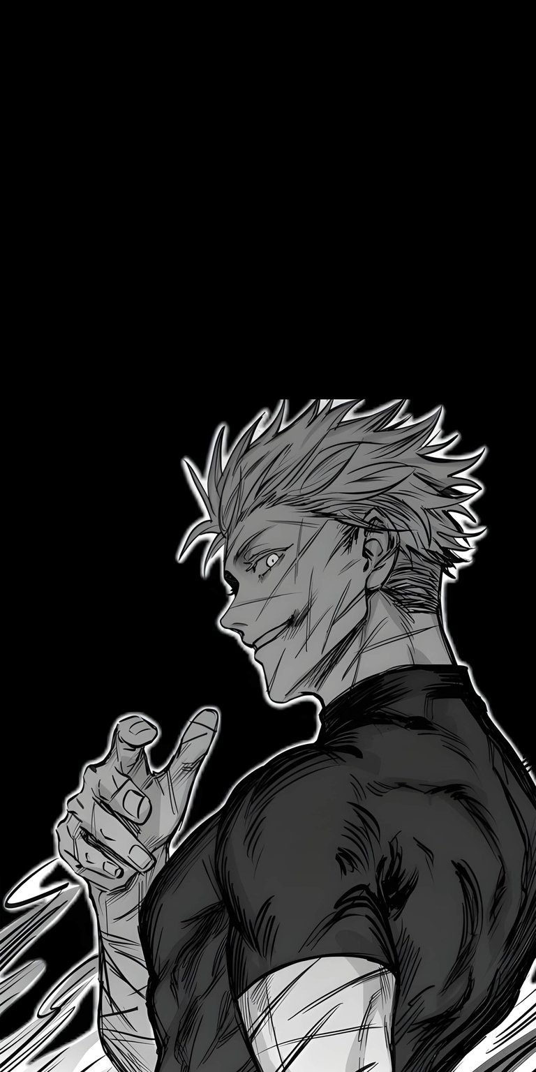 Download this Ryomen Sukuna wallpaper in 4K for your iPhone today. This black-and-white wallpaper features Sukuna with multiple markings on his face, a confident smirk, and bandages on his hands.