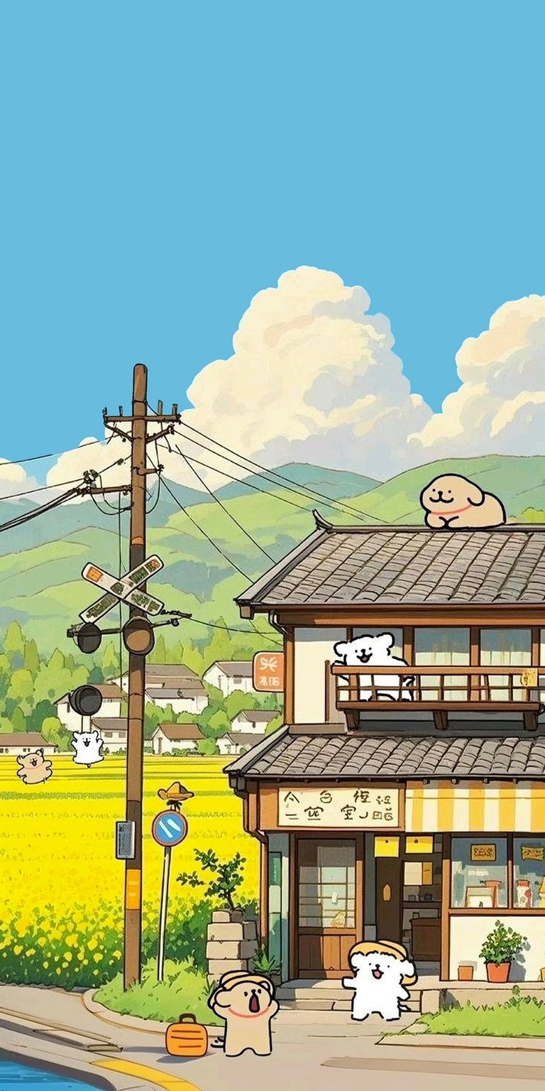 Get this Bocchi Dogs wallpaper for your iPhone, showcasing a charming rural scene in crisp 4K resolution. This delightful wallpaper features fluffy dogs near a countryside house with a yellow striped awning and a tiny suitcase.