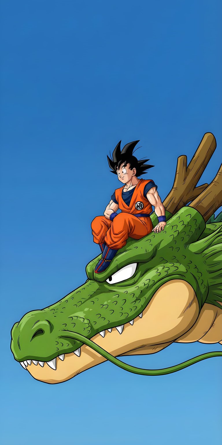 This 4K wallpaper features Goku sitting atop the legendary dragon Shenron against a clear blue sky. Download this vibrant iPhone wallpaper to bring the power of Dragon Ball to your mobile screen.