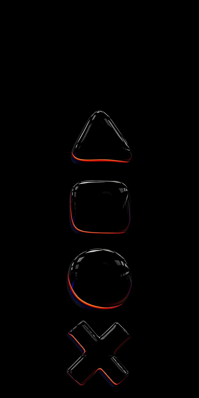 Download this sleek 4K wallpaper featuring liquid-glass PlayStation icons perfect for any gaming enthusiast's iPhone. This dark mode wallpaper showcases glossy textures and subtle color reflections on the classic controller symbols.