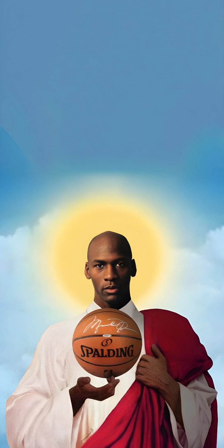Download this Michael Jordan 4K wallpaper for your iPhone, showcasing him in a white robe, holding a signed Spalding basketball with a radiant yellow halo behind him. This wallpaper will make your phone legendary.