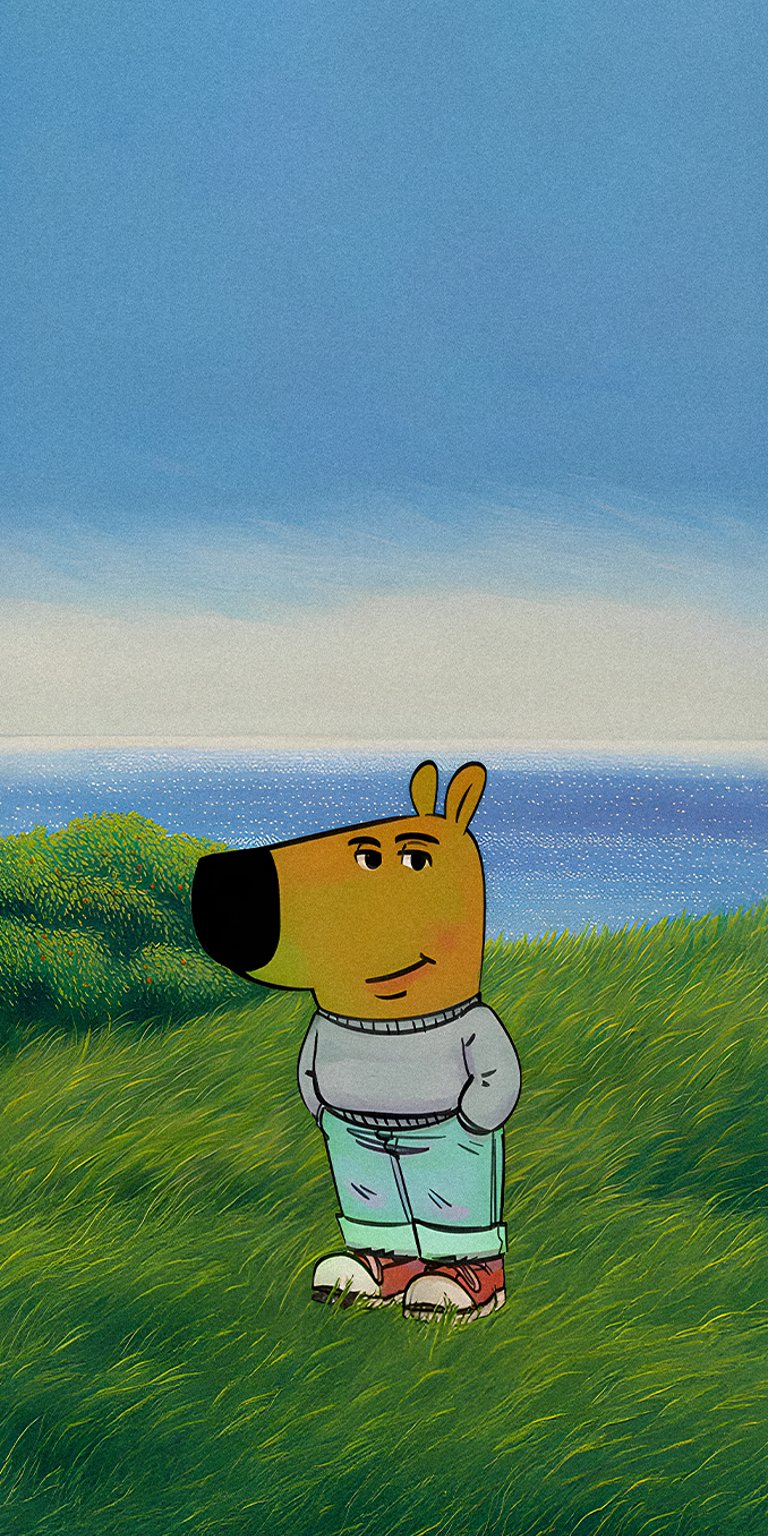 Chill guy wearing sweat shirt in grassy area near the beach wallpaper