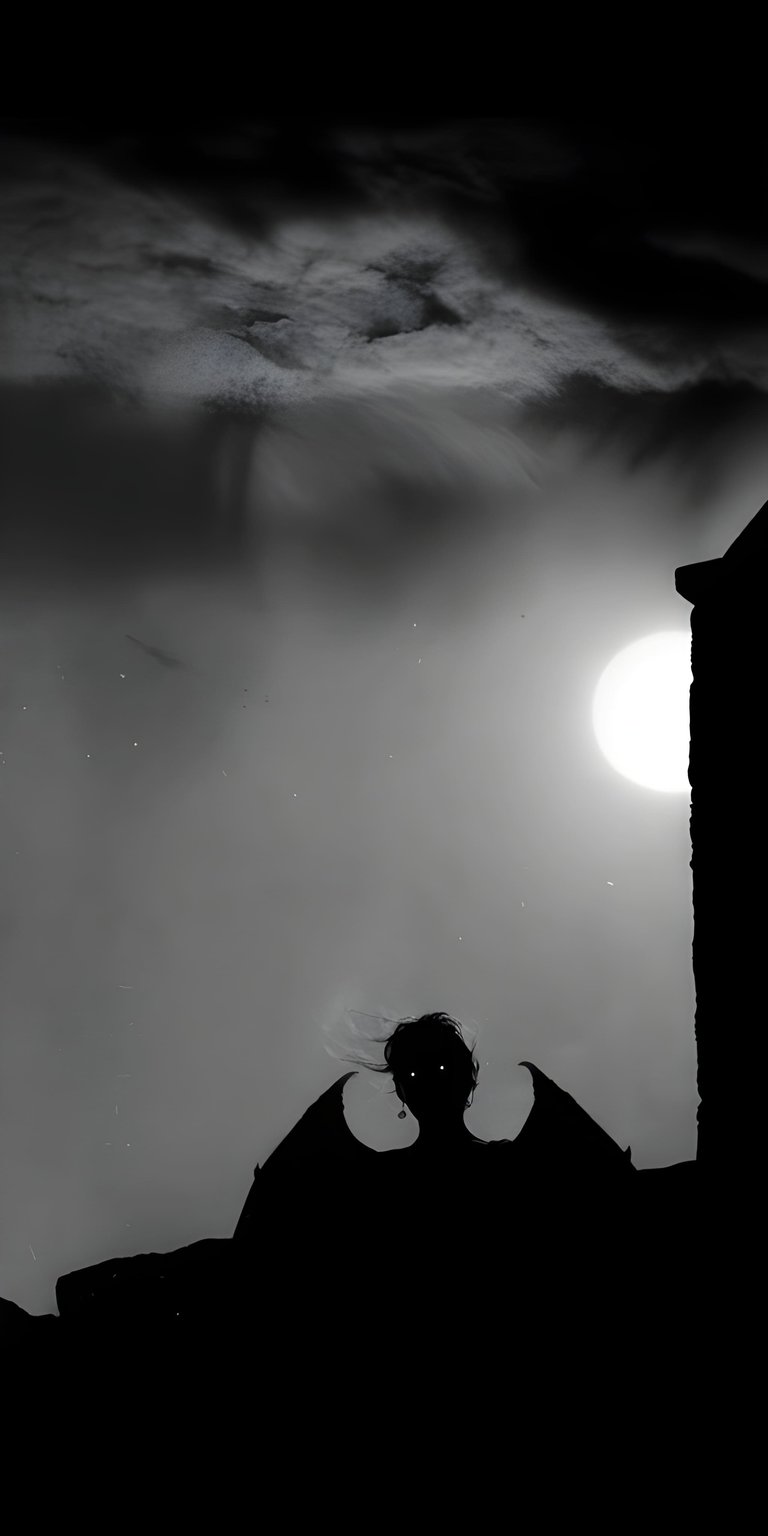 Download this striking Angel 4K wallpaper for your iPhone, featuring a silhouette with glowing eyes. This unique wallpaper also showcases a bright moon, cloudy sky and stone roof.