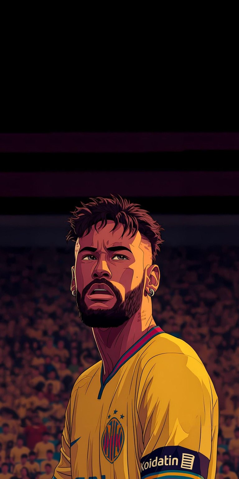 This Neymar Jr 4K wallpaper features a vibrant, stylized illustration of the football star in a yellow jersey against a crowded stadium backdrop. Perfect for an iPhone lock screen, this aesthetic wallpaper uses warm lighting and bold digital art strokes to create a high-energy atmosphere.