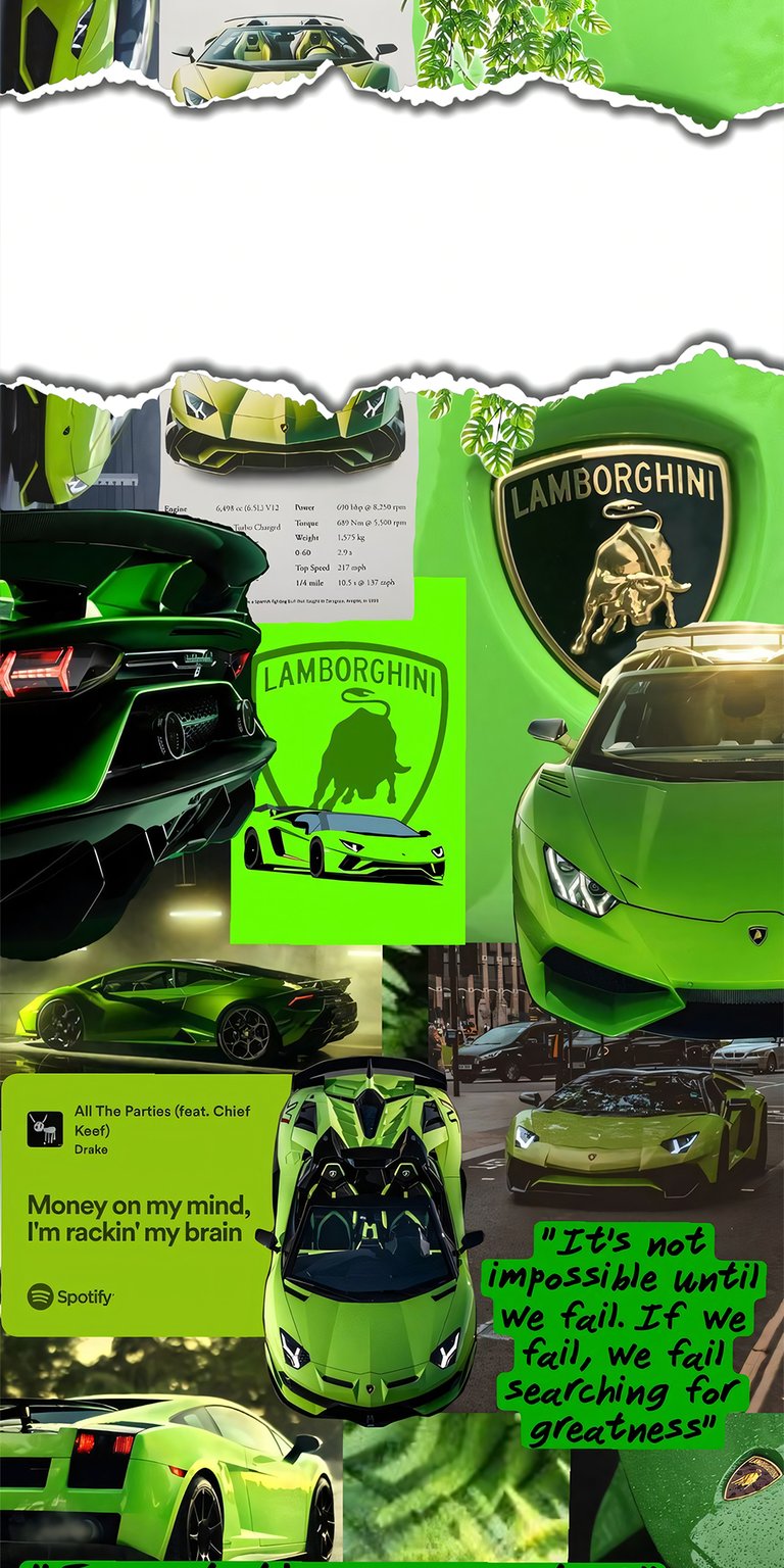 This vibrant 4K wallpaper features a high-energy collage dedicated to the Lamborghini brand, specifically highlighting the Huracán in a striking lime green finish. The design includes various angles of the supercar, the iconic raging bull emblem, and motivational text overlays. With a "torn paper" scrapbooking style and a consistent neon green palette, this wallpaper is perfect for automotive enthusiasts who love bold, modern, and high-performance aesthetics.