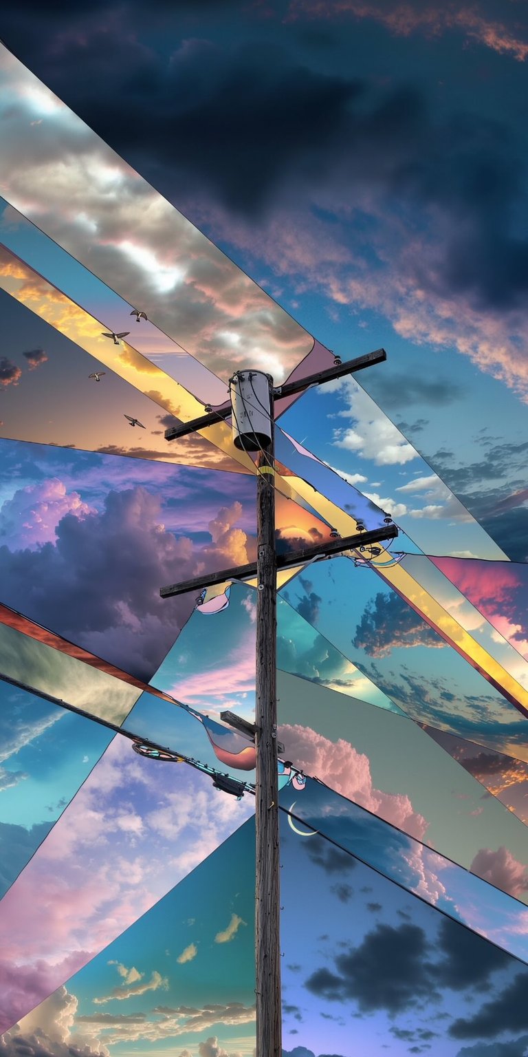 This stunning 4K wallpaper features a power pole with mirrored skies forming a visually striking design. The unique wallpaper features birds flying across the golden sky, a crescent moon detail, and geometric sky patterns for your iPhone.