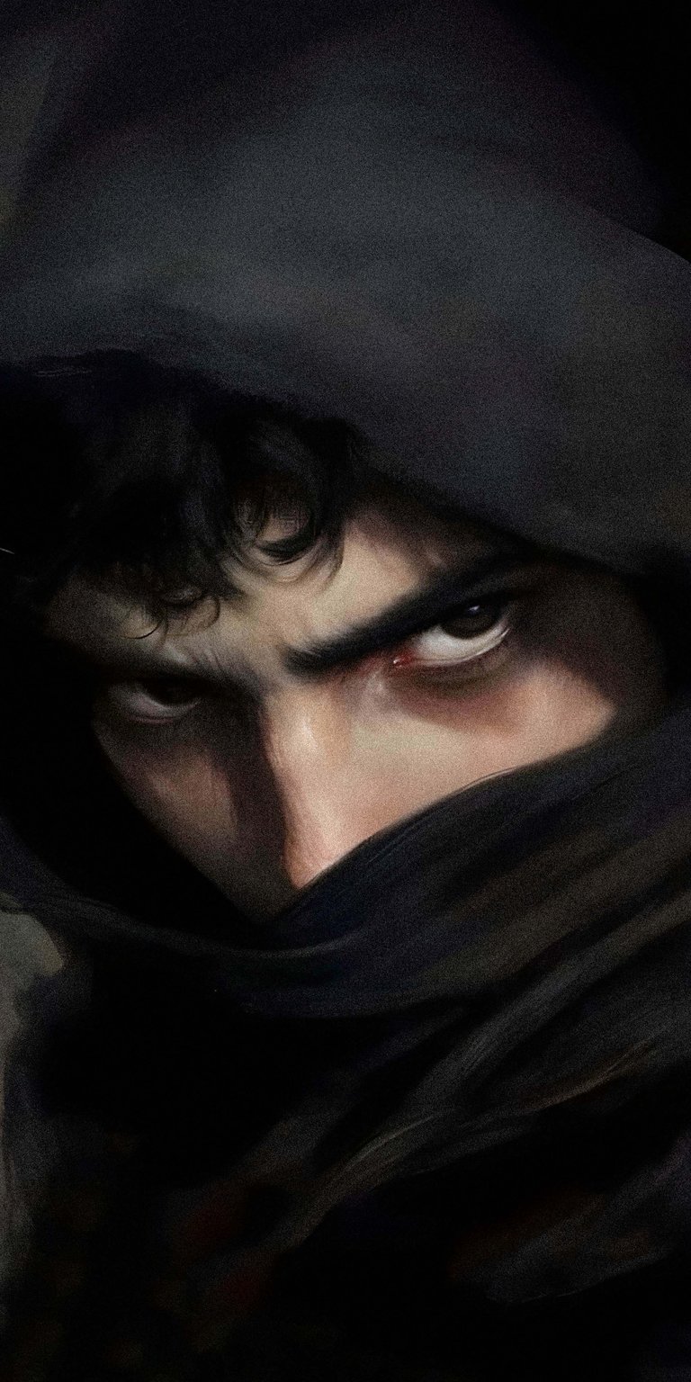 Download this striking Ranger 4K wallpaper for your iPhone, showcasing intense eyes and a hooded figure. This dramatic wallpaper highlights the dark fabric textures and the piercing gaze of the subject.