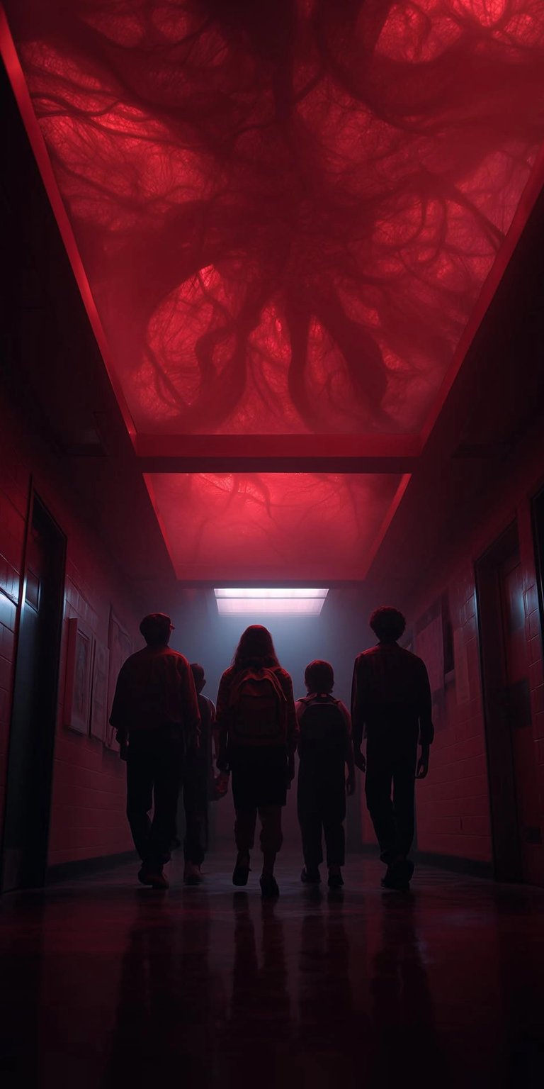 Experience a chilling Stranger Things 4K wallpaper on your iPhone, featuring the ominous red Upside Down world looming above the silhouetted group in a dimly lit hallway with a reflective floor. Get this wallpaper to showcase the series' dark atmosphere on your phone.