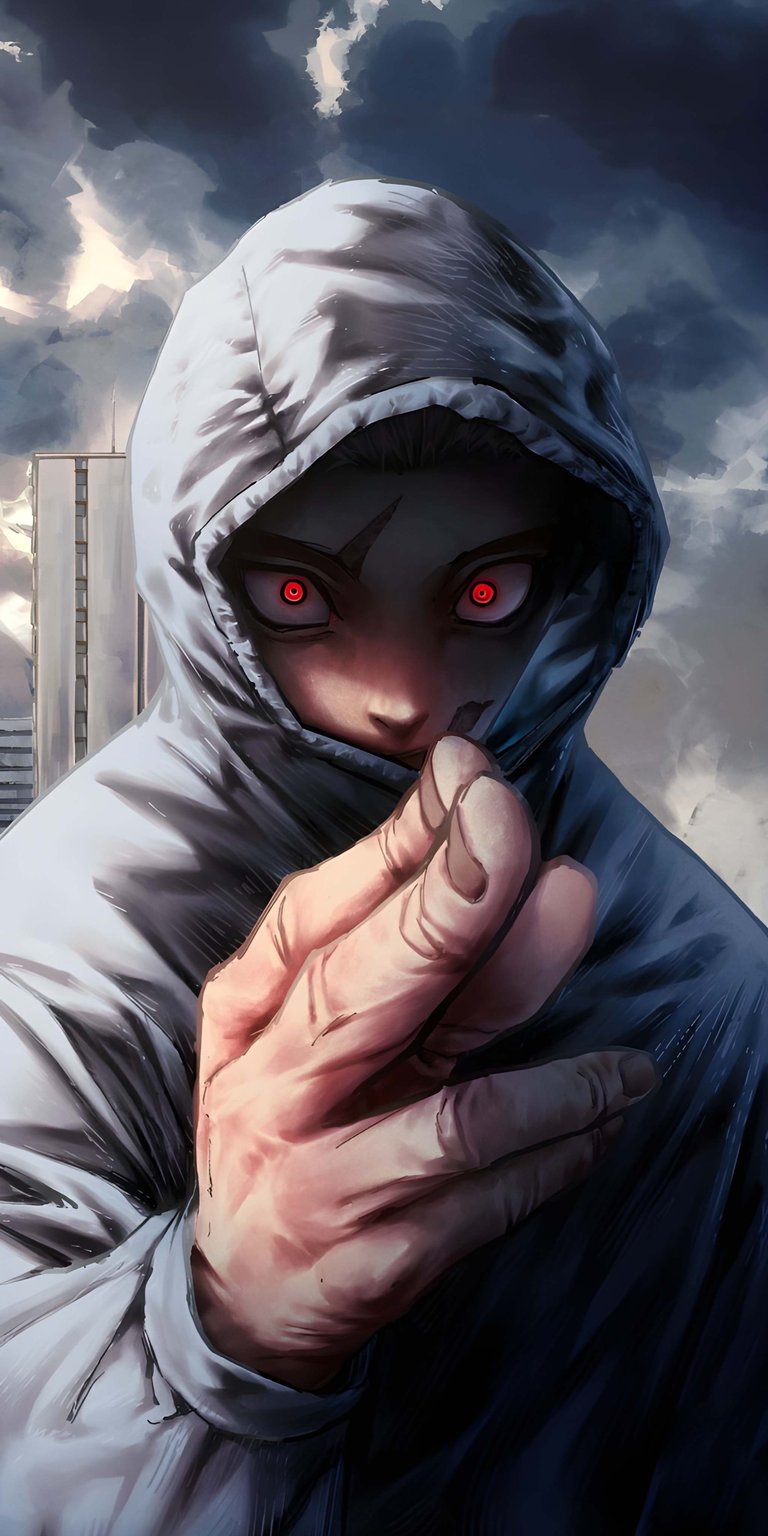 Download this Yuji Itadori 4K wallpaper for your iPhone, featuring his piercing red eyes and hooded sweatshirt against a stormy backdrop. This striking wallpaper captures the intense focus and power of the character.