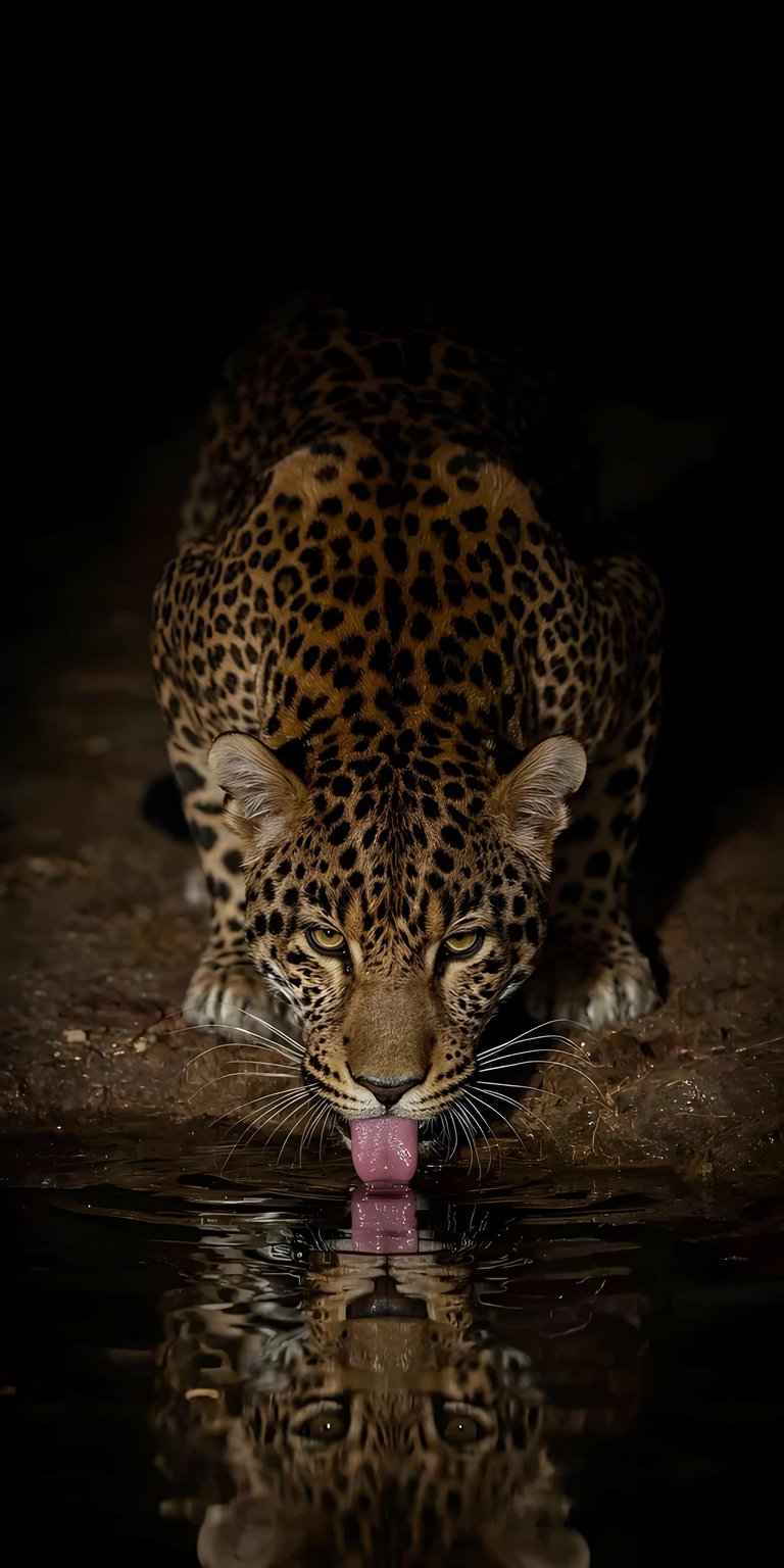 This striking OLED wallpapers selection features a leopard drinking from a pool with a perfect reflection against a pitch-black background. Elevate your iPhone with this high-contrast wallpaper that captures golden fur tones and sharp water ripples in a moody, nocturnal setting.