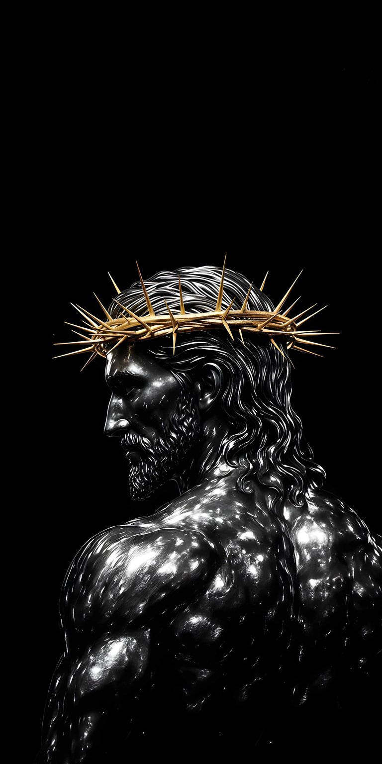 Download this impactful Jesus Christ 4K wallpaper for your iPhone, featuring a dark metallic statue. Notice the golden crown of thorns, muscular back, and intricate wavy hair.