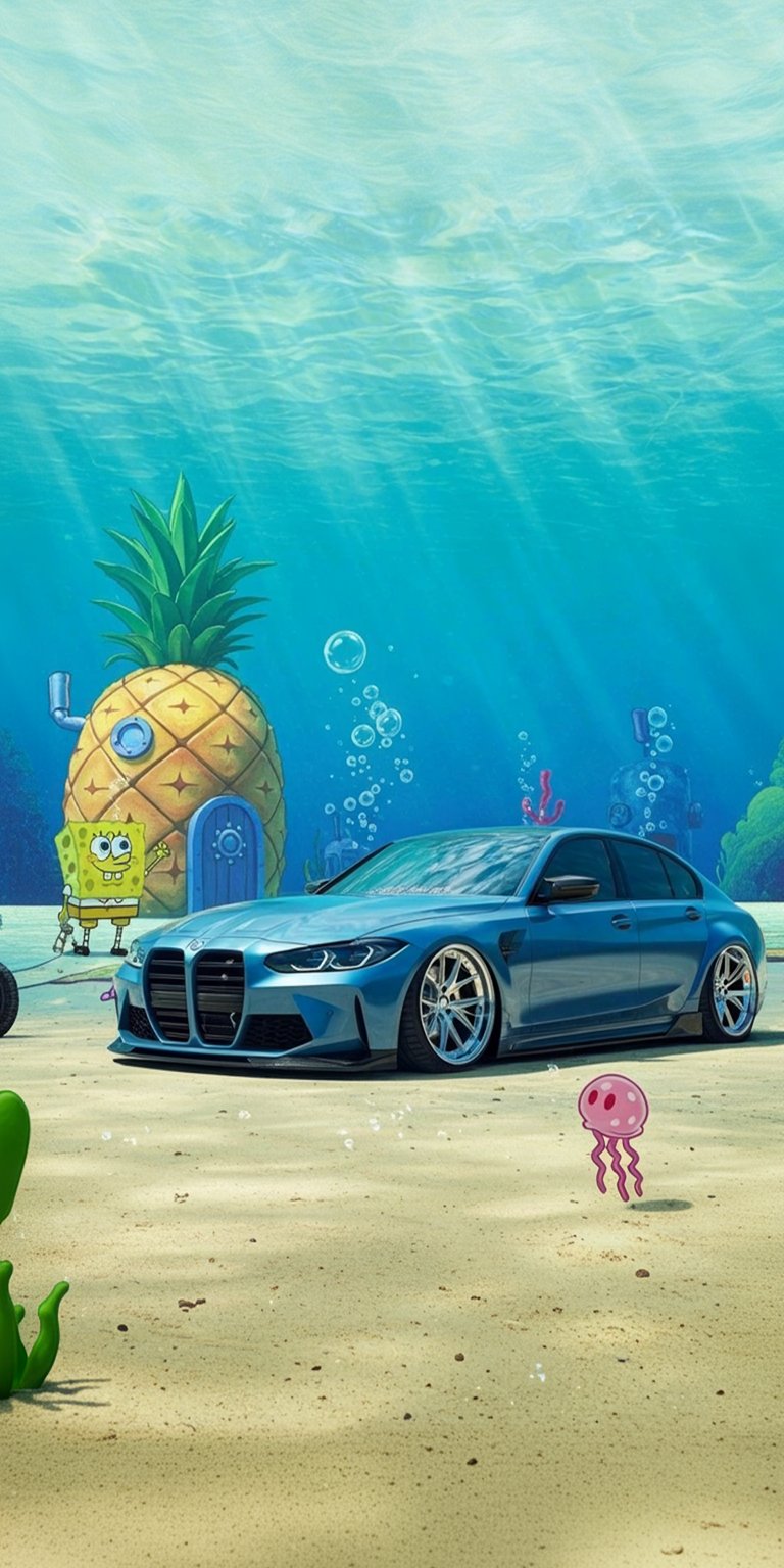 BMW in SpongeBob's place wallpaper for iPhone 4K