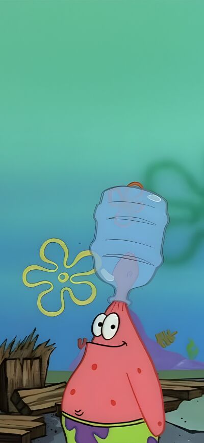 Enjoy this Spongebob and Patrick matching 4K wallpaper on your iPhone. Featuring Spongebob with a water jug on his head and Patrick with a flower.