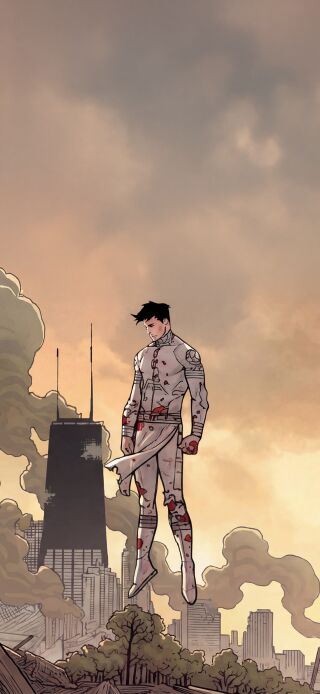 This Invincible wallpaper in 4K showcases a destroyed city with heavy smoke and dramatic lighting for your iPhone. This double wallpaper changes from a city landscape to the titular hero himself, both perfect for your mobile's lock screen.