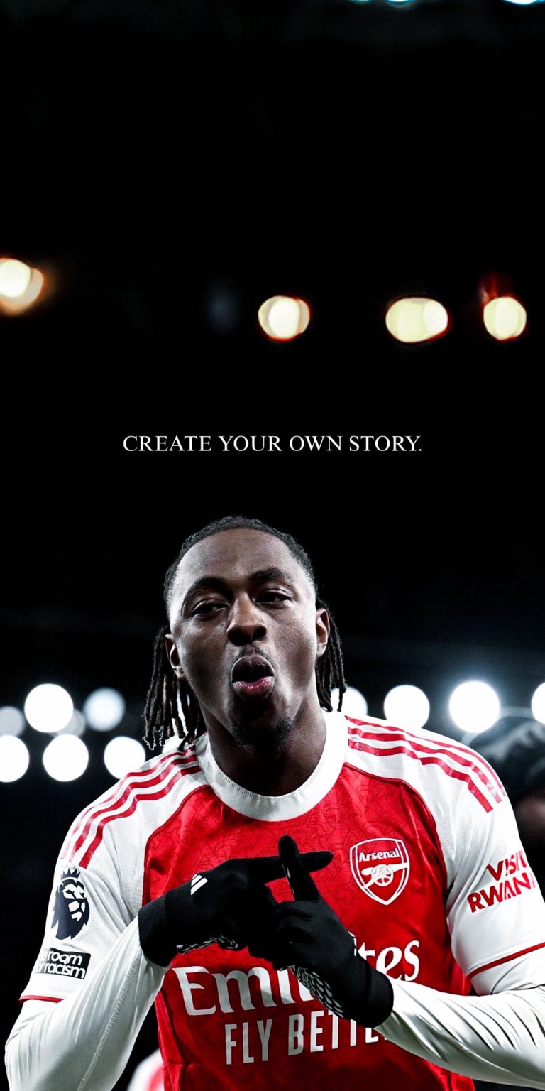 A powerful action shot of the English professional footballer Eberechi Eze in his Arsenal jersey, featuring the motivational quote: "CREATE YOUR OWN STORY". This image captures the driven spirit of the athlete, who recently made history by scoring a hat-trick in the North London Derby against Tottenham. Perfect for football fans, athletes, and anyone seeking daily inspiration to pursue their goals.