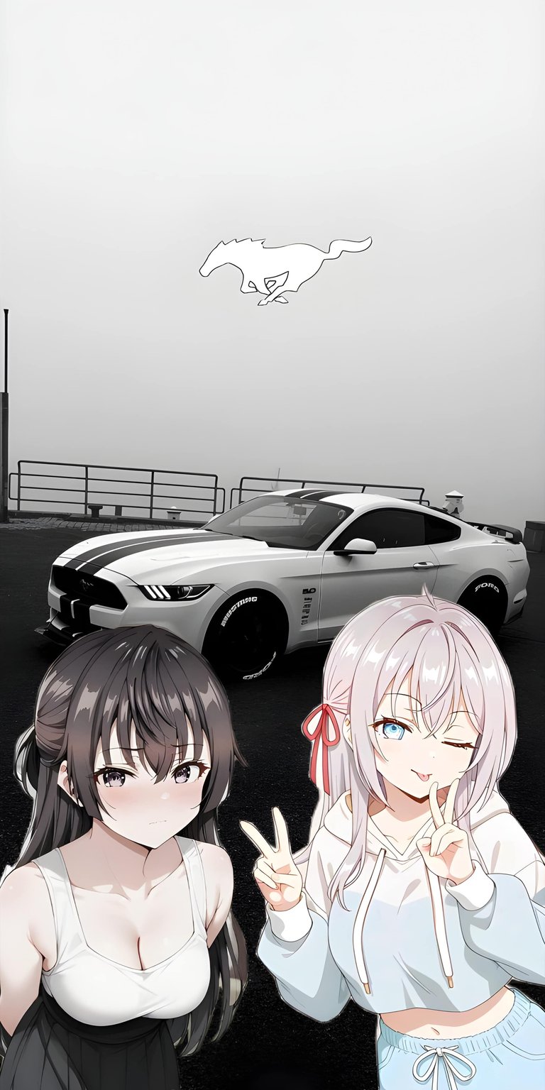 This 4K wallpaper features Alisa Mikhailovna Kujou and Yuki Suou from Alya Sometimes Hides Her Feelings in Russian alongside a sleek Ford Mustang. Perfect for iPhone, this aesthetic wallpapers entry blends a misty white atmosphere with modern street style and high-performance automotive design.
