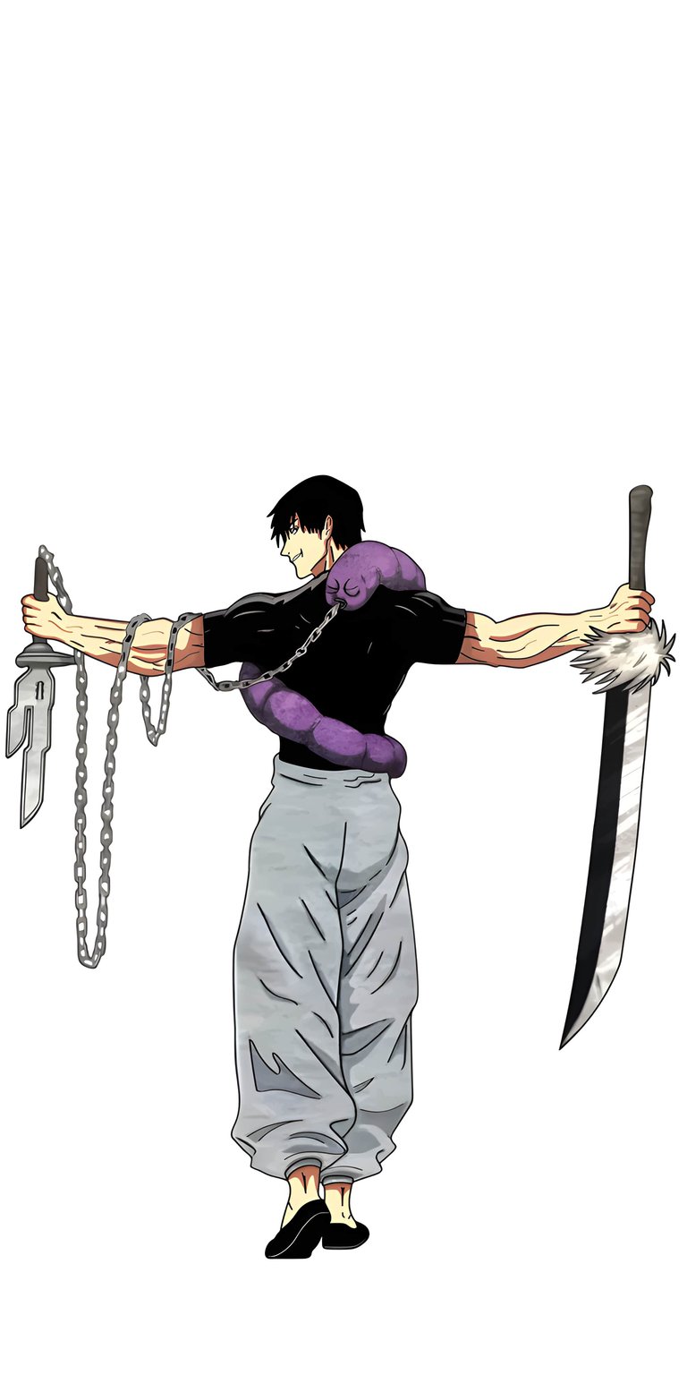 Get this dynamic Toji Fushiguro wallpaper for your iPhone in 4K resolution. This wallpaper features Toji with his muscular build, one sword with white fur, and a thick purple rope-like snake around his neck.