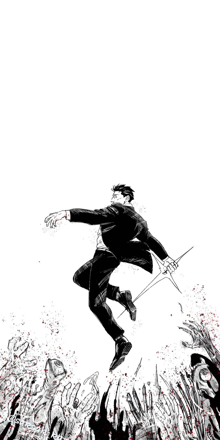 Get this amazing Constantine wallpaper in stunning 4K resolution for your iPhone. This striking image features Constantine leaping, weapon in hand, over a sea of grasping zombie hands amid splatters of red.