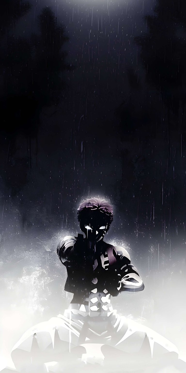 Download this Sasuke 4K wallpaper for your iPhone, showcasing the character in a dark, rainy setting with glowing white eyes. This wallpaper captures his intense posture and dramatic lighting.