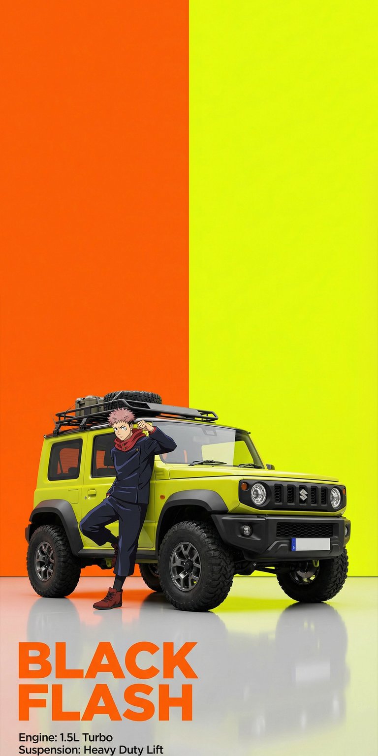 This 4K wallpaper features Yuji Itadori leaning against a yellow Jimny against a split orange and yellow background, perfect for your iPhone. The Jimny has a roof rack and off-road tires, making this a unique wallpaper.